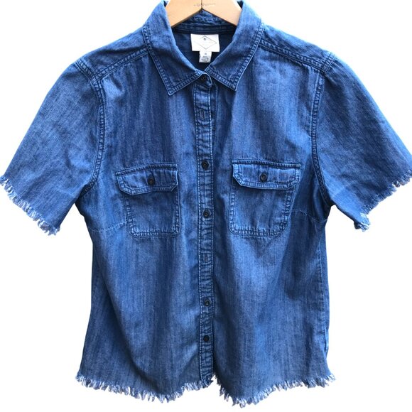 Women's Applique Denim Shirt, Size M: Upcycled Lightweight Button-Down, Oh Hello - Picture 2 of 8